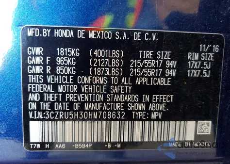 2017 Honda Hr-V Lx z USA, uszkodzony, nr VIN 3CZRU5H30HM708632